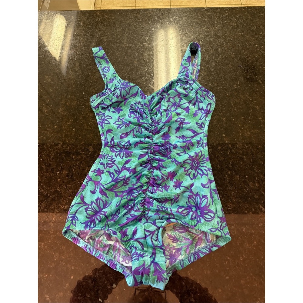 Maxine Of Hollywood Swimsuit One Piece Ruched Slimming Sz 6/8 Blue Floral Modest